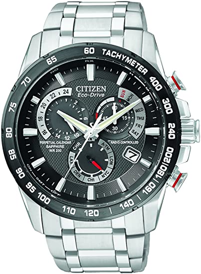 citizen men's eco-drive chronograph watch with black dial and stainless steel bracelet at4008-51e