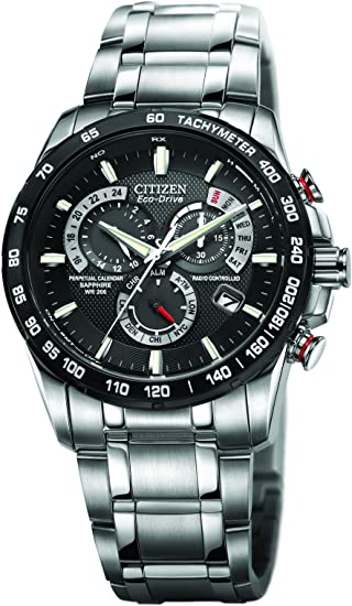 citizen men's eco-drive chronograph watch with black dial and stainless steel bracelet at4008-51e