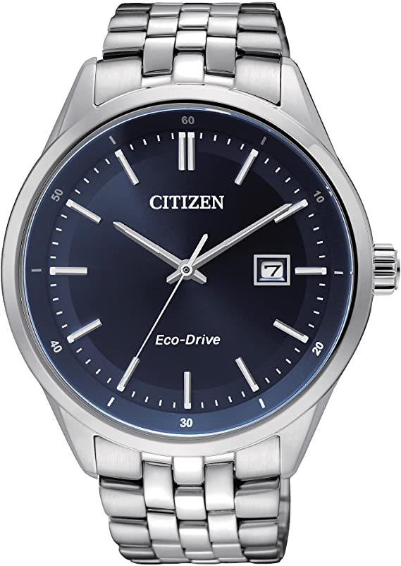 citizen watch men's quartz watch with blue dial analogue display and silver stainless steel bracelet bm7251-53l