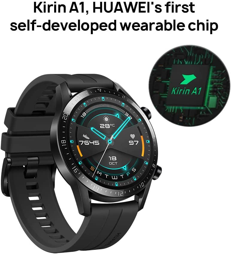 huawei watch gt 2 (46 mm) smart watch, 1.39 inch amoled display with 3d glass screen, 2 weeks battery life, gps, 15 sport modes, 3d glass screen, bluetooth calling smartwatch, matte black