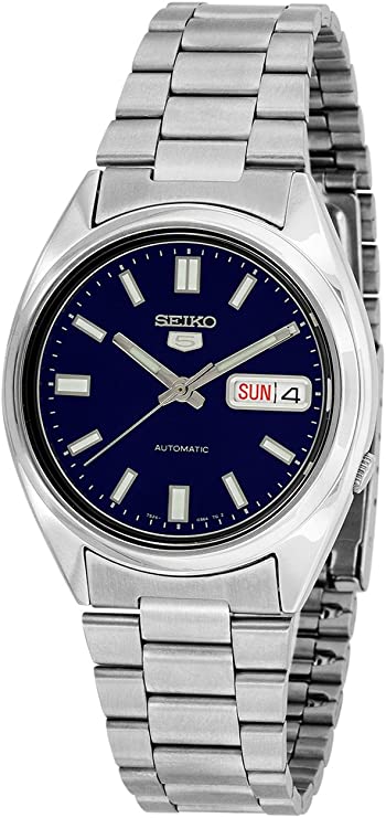 seiko 5 men's automatic watch with blue dial analogue display and silver stainless steel bracelet snxs77 - a photo
