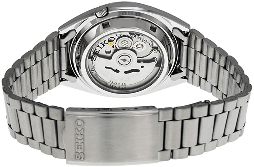 seiko 5 men's automatic watch with blue dial analogue display and silver stainless steel bracelet snxs77